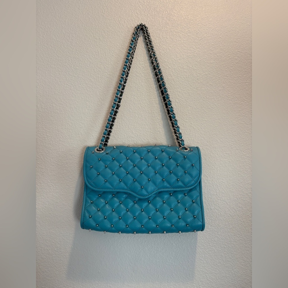 Rebecca Minkoff Womens Quilted Studded Crossbody Bag w/ Chain Strap Leather Blue